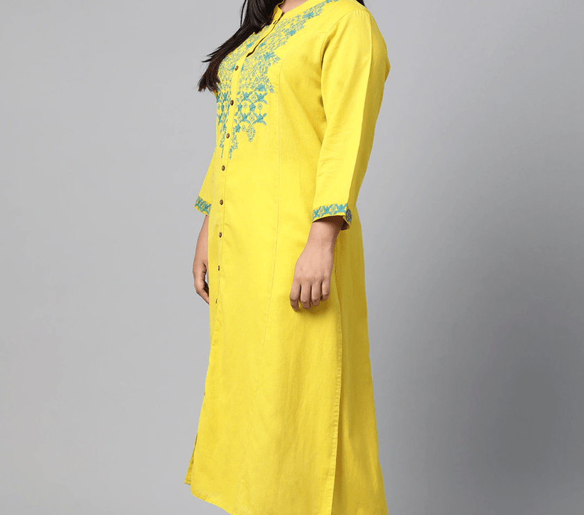 Plus Size Women's Yellow Regular A-Line Calf Long Kurta - divena world