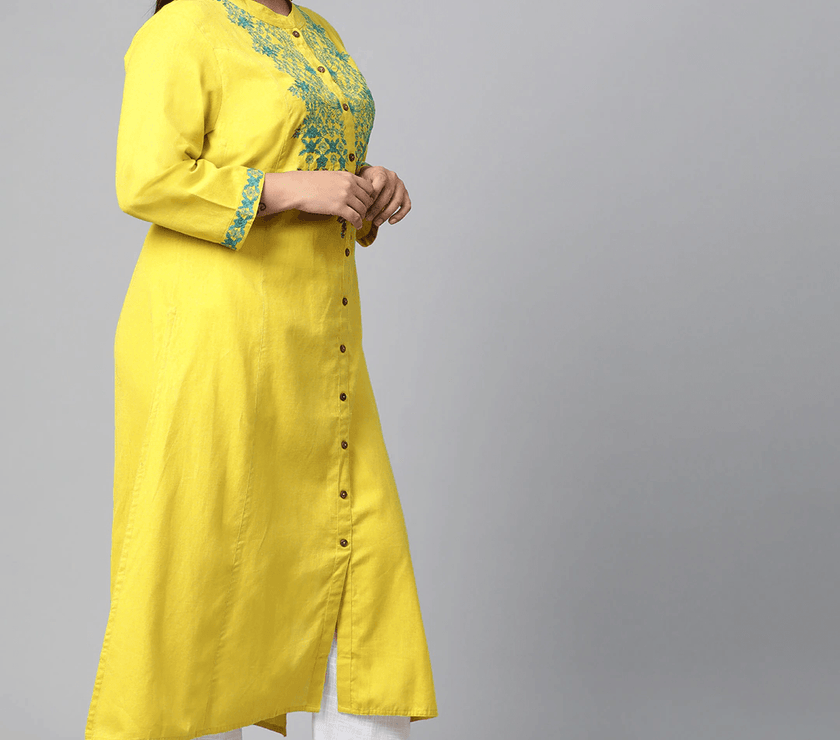 Plus Size Women's Yellow Regular A-Line Calf Long Kurta - divena world