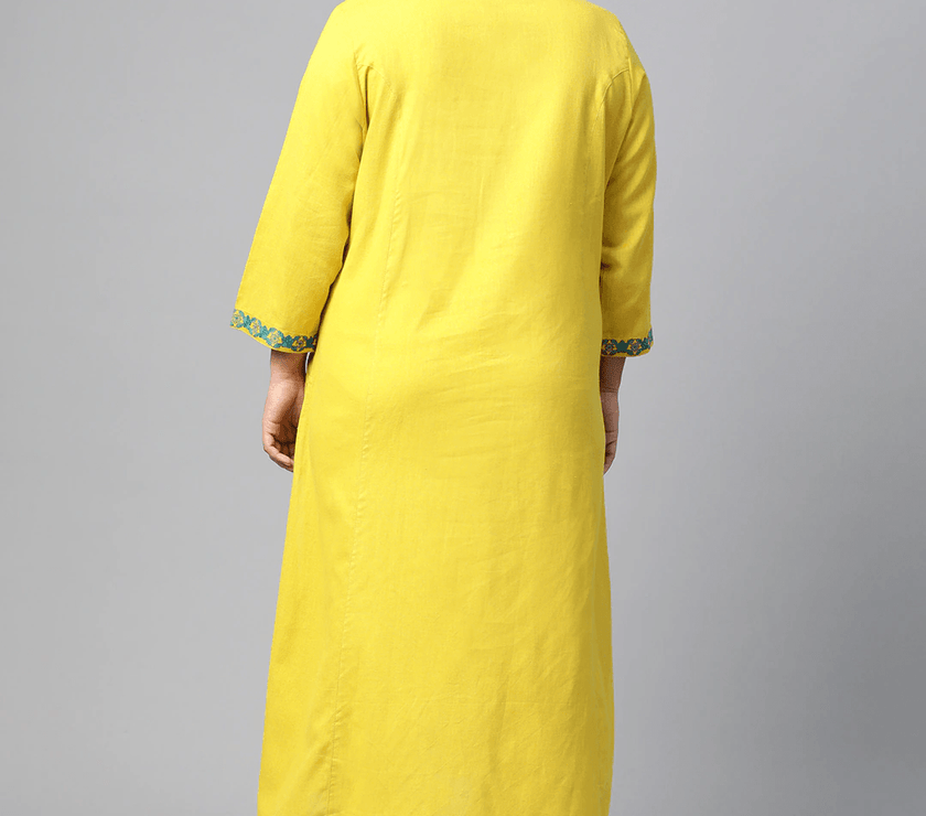 Plus Size Women's Yellow Regular A-Line Calf Long Kurta - divena world