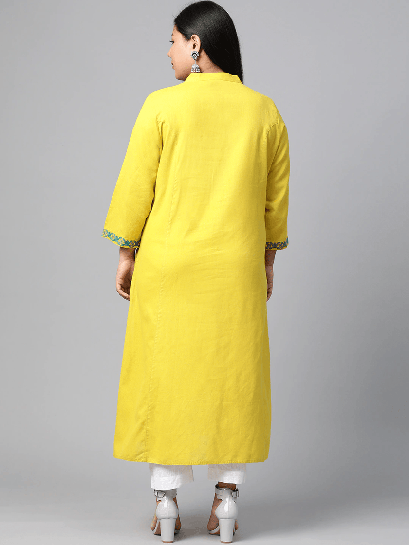 Plus Size Women's Yellow Regular A-Line Calf Long Kurta - divena world