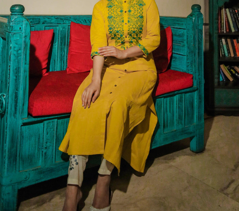 Divena Women's Yellow Regular A-Line Calf Long Kurta - divenaworld.com