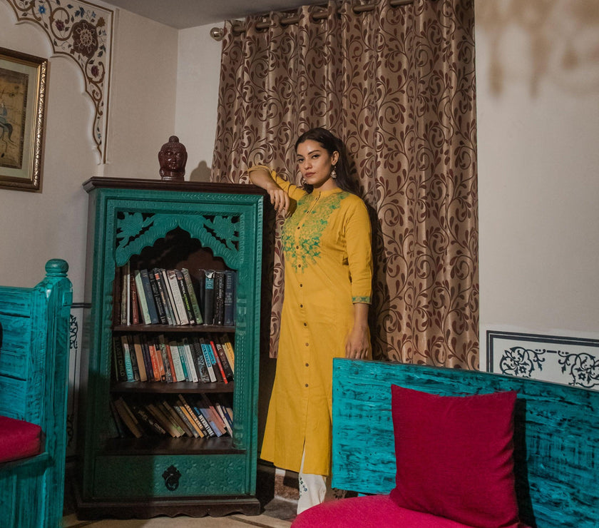 Divena Women's Yellow Regular A-Line Calf Long Kurta - divenaworld.com