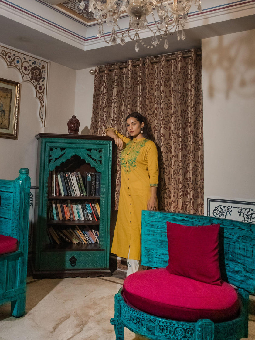 Divena Women's Yellow Regular A-Line Calf Long Kurta - divenaworld.com