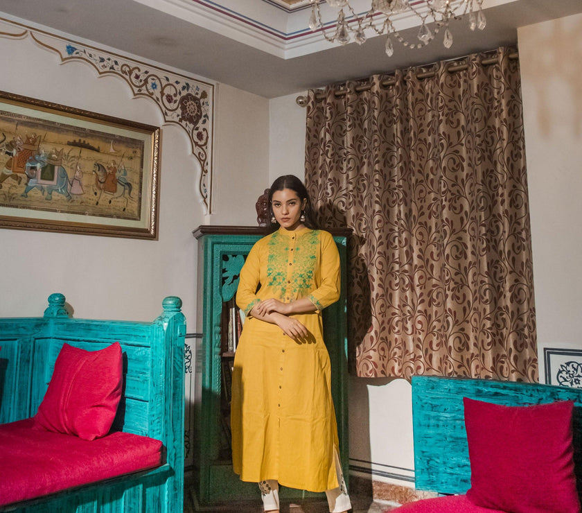 Divena Women's Yellow Regular A-Line Calf Long Kurta - divenaworld.com