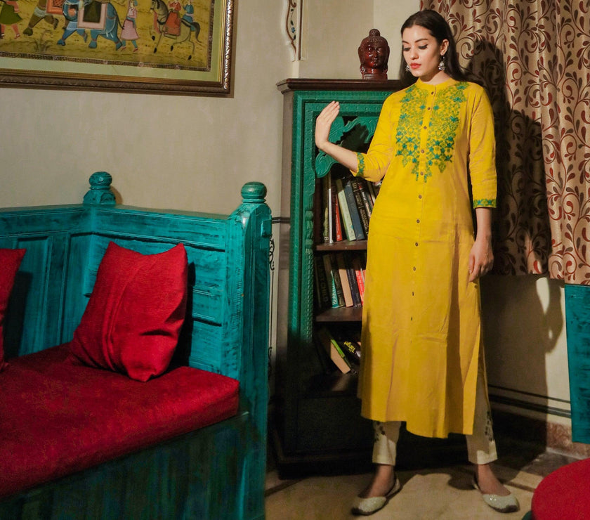 Divena Women's Yellow Regular A-Line Calf Long Kurta - divenaworld.com