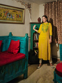 Divena Women's Yellow Regular A-Line Calf Long Kurta - divenaworld.com