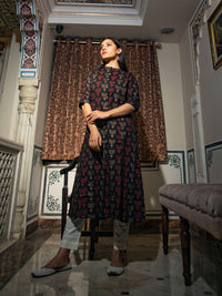 Divena Black Cotton Flex A Line Kurta - divenaworld.com