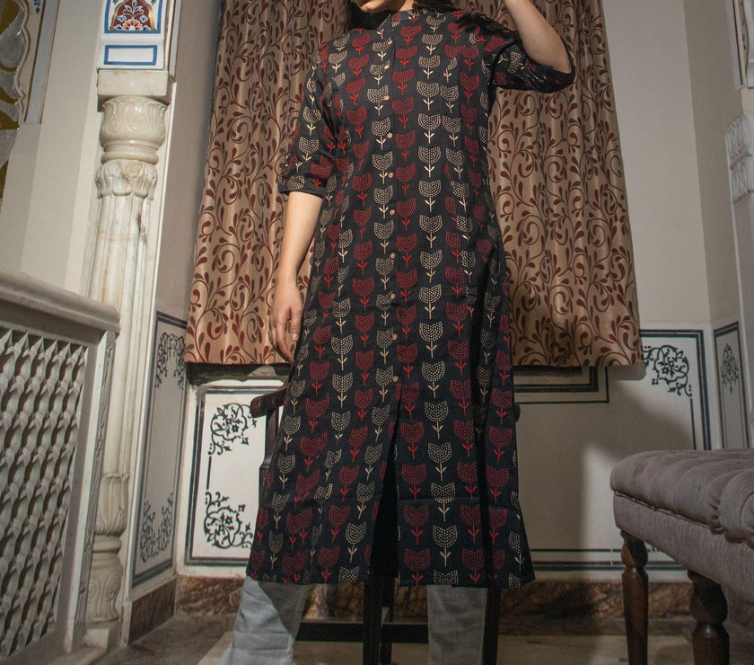 Divena Black Cotton Flex A Line Kurta - divenaworld.com