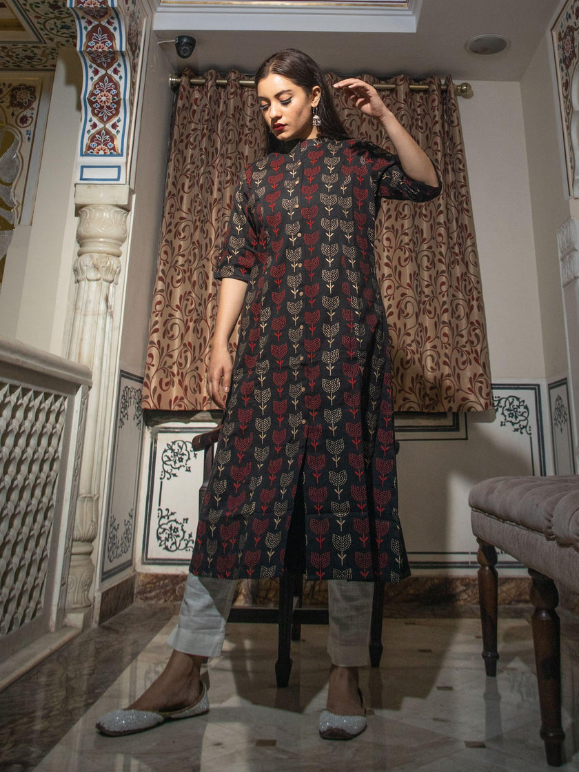 Divena Black Cotton Flex A Line Kurta - divenaworld.com