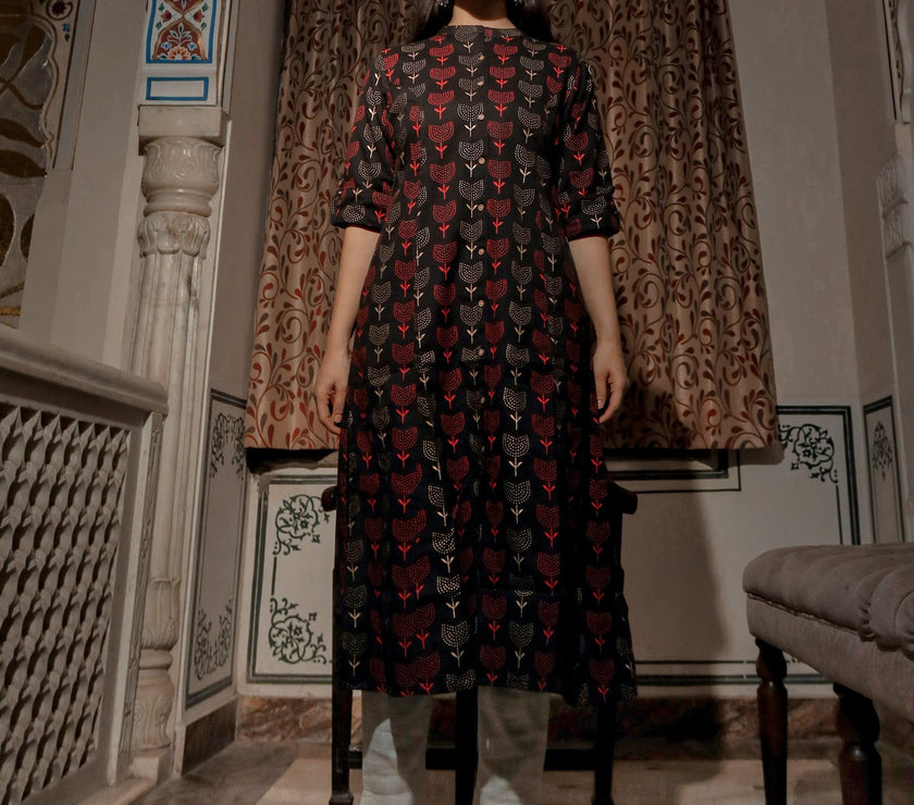 Divena Black Cotton Flex A Line Kurta - divenaworld.com