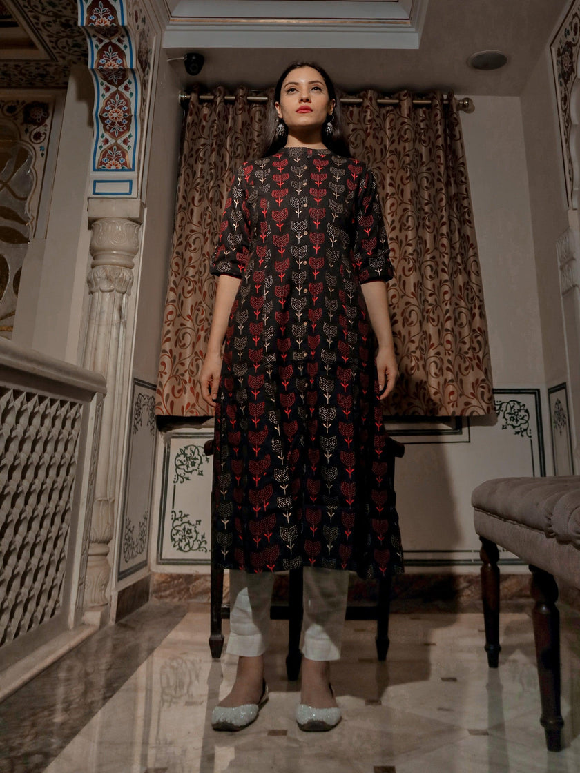 Divena Black Cotton Flex A Line Kurta - divenaworld.com