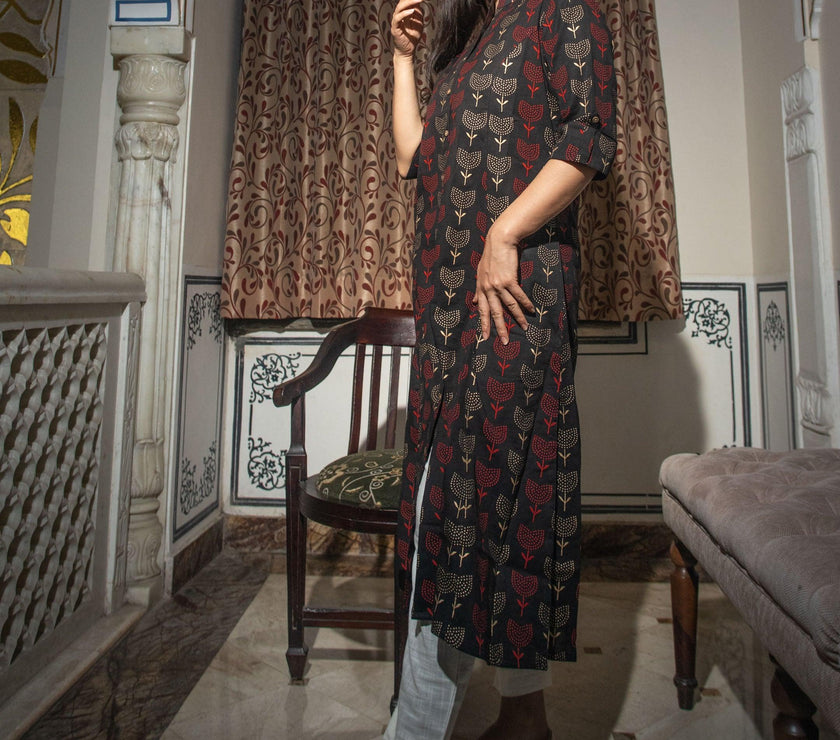 Divena Black Cotton Flex A Line Kurta - divenaworld.com