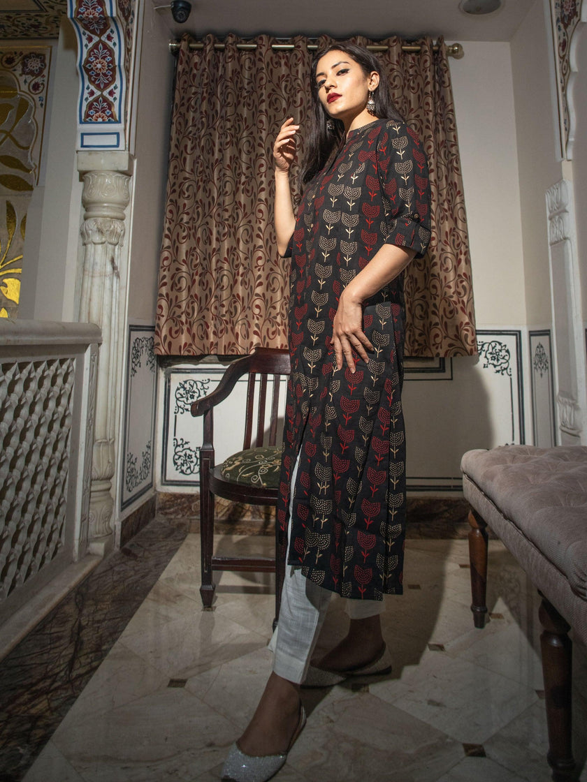 Divena Black Cotton Flex A Line Kurta - divenaworld.com