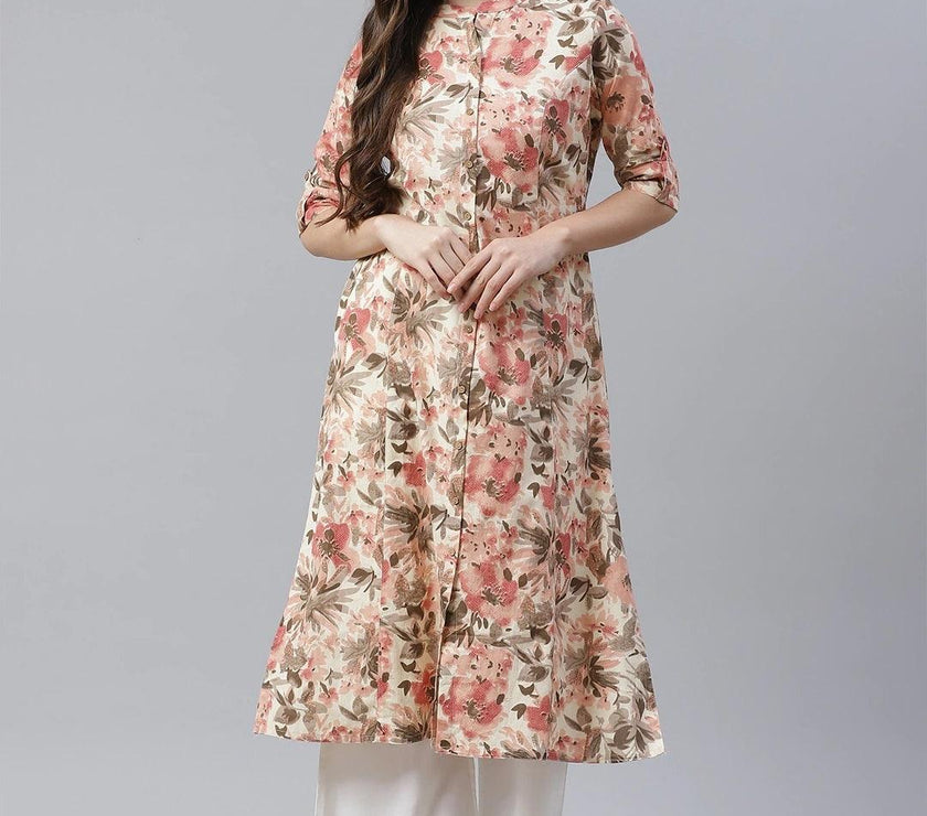 Divena Cream Cotton Floral Print Kurta - divena world