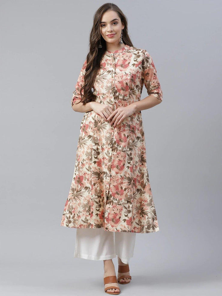 Divena Cream Cotton Floral Print Kurta - divena world