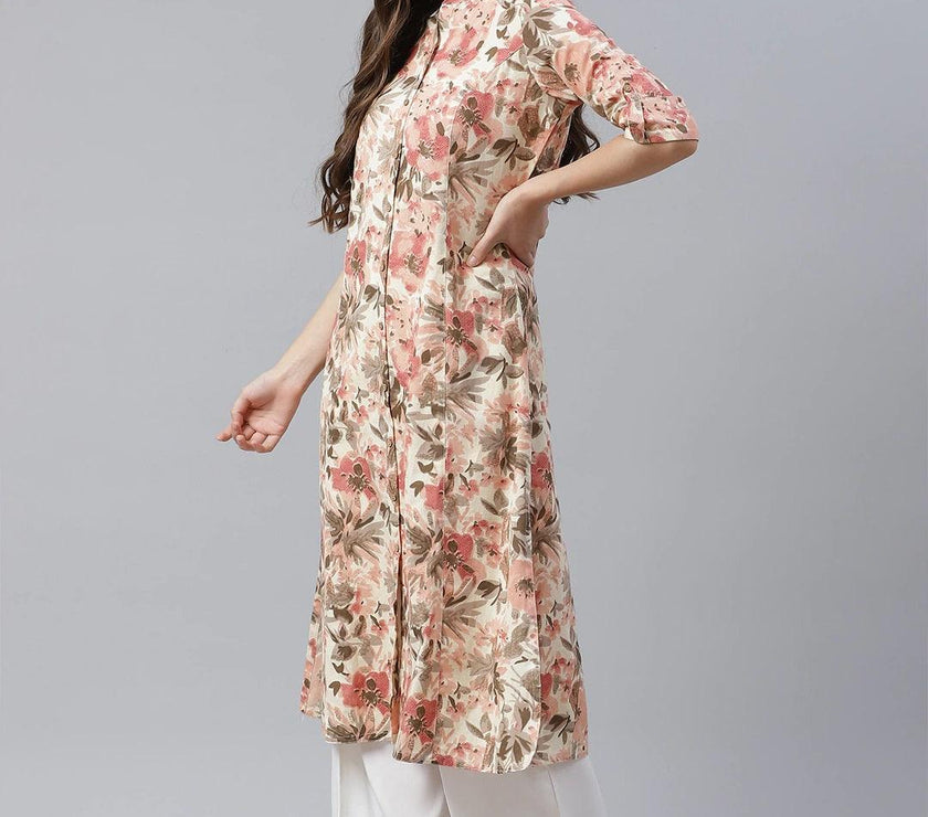 Divena Cream Cotton Floral Print Kurta - divena world