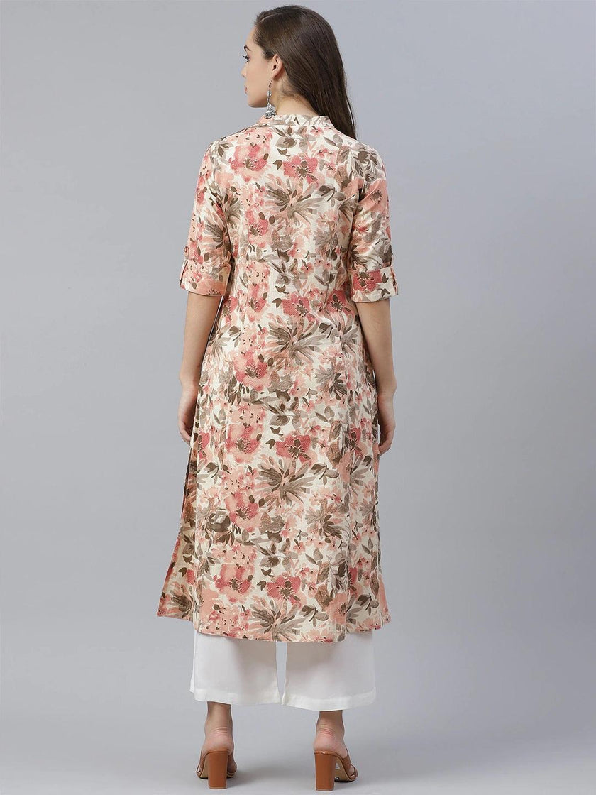 Divena Cream Cotton Floral Print Kurta - divena world