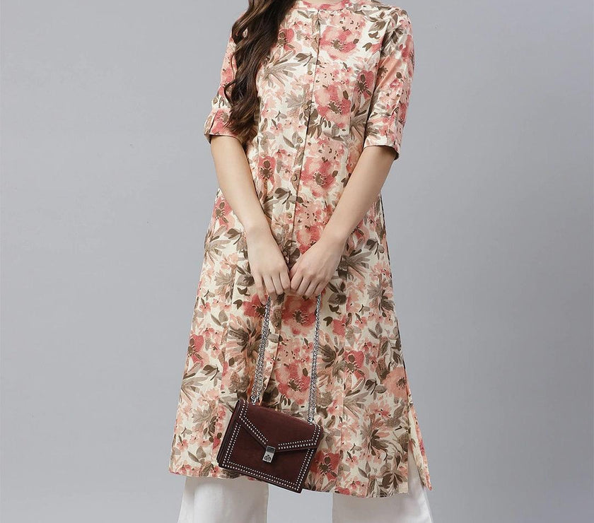 Divena Cream Cotton Floral Print Kurta - divena world