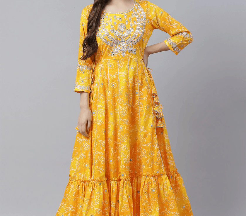 Divena Yellow Cotton Flared Gota Work Bandhani Kurta - divena world