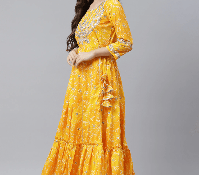 Divena Yellow Cotton Flared Gota Work Bandhani Kurta - divena world