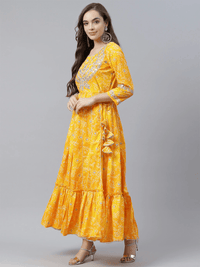 Divena Yellow Cotton Flared Gota Work Bandhani Kurta - divena world