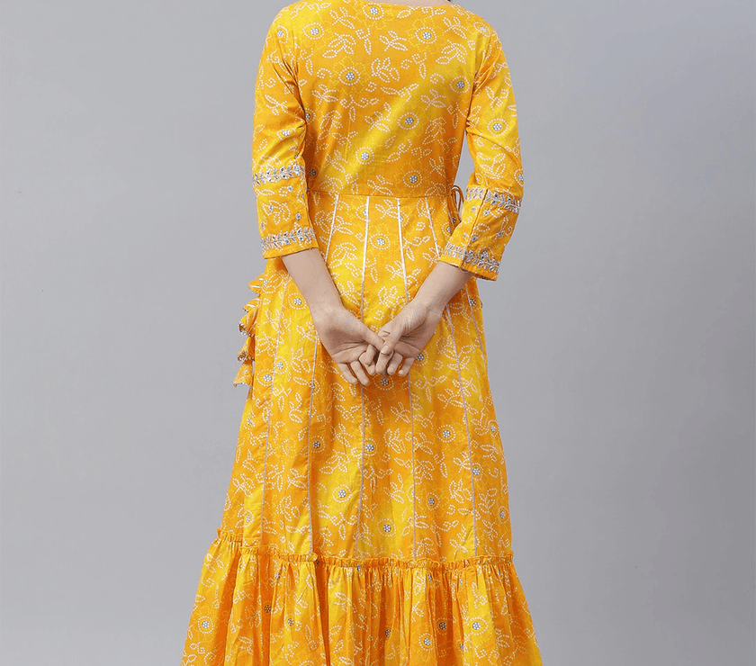 Divena Yellow Cotton Flared Gota Work Bandhani Kurta - divena world