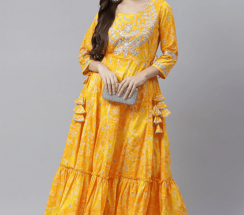 Divena Yellow Cotton Flared Gota Work Bandhani Kurta - divena world