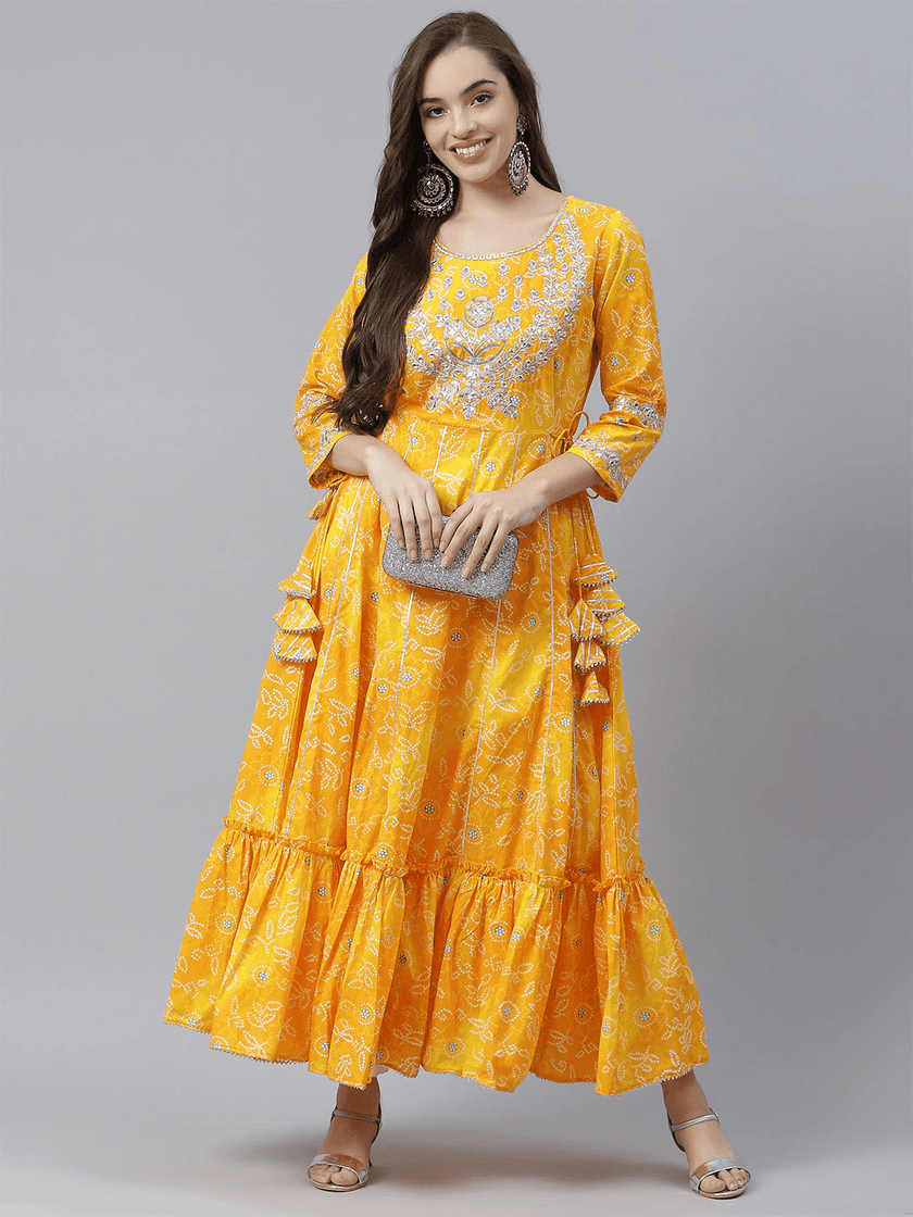 Divena Yellow Cotton Flared Gota Work Bandhani Kurta - divena world