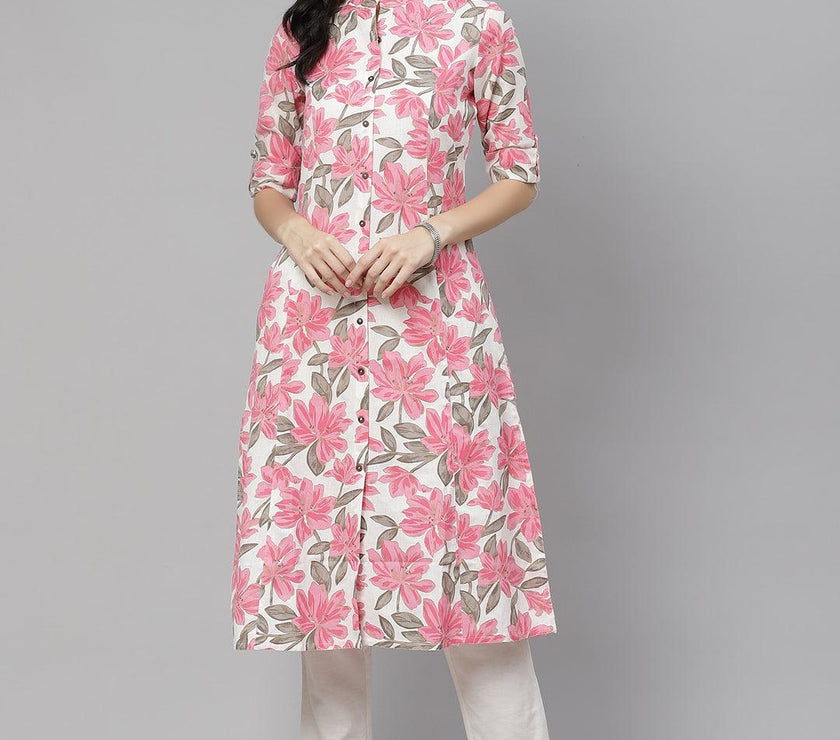 Divena White Floral Print Cotton Kurta - divena world