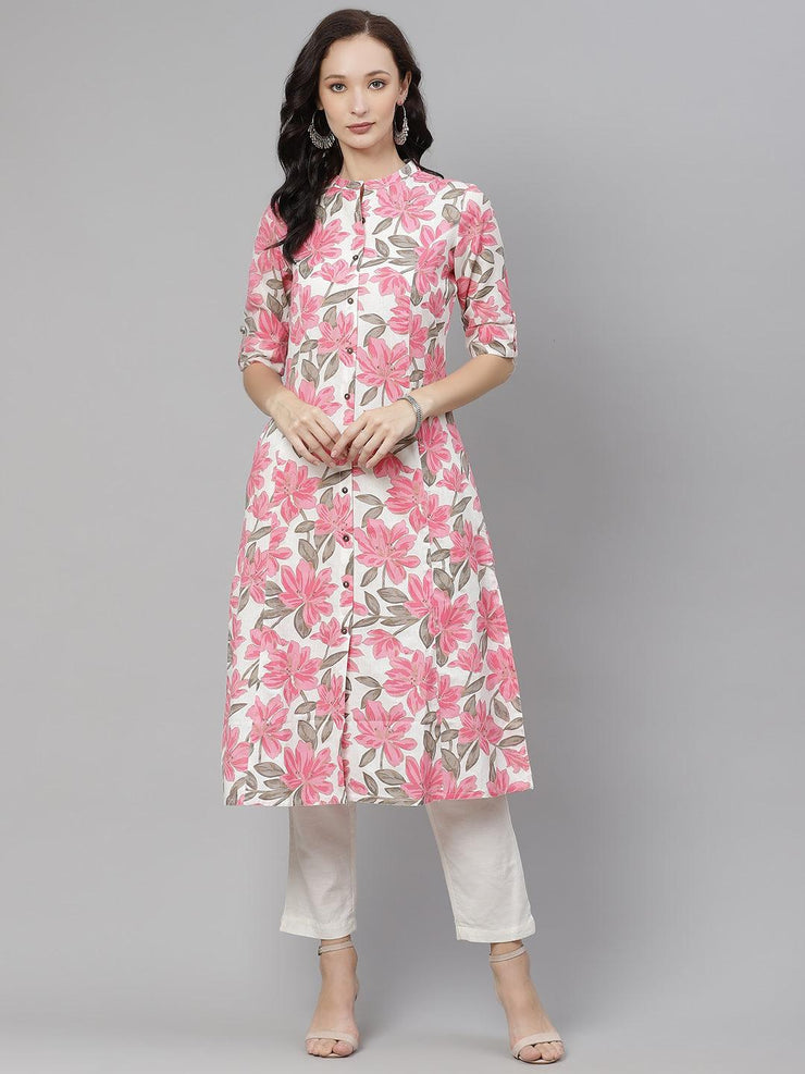 Divena White Floral Print Cotton Kurta - divena world