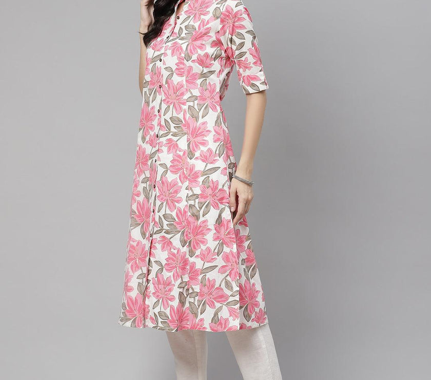 Divena White Floral Print Cotton Kurta - divena world