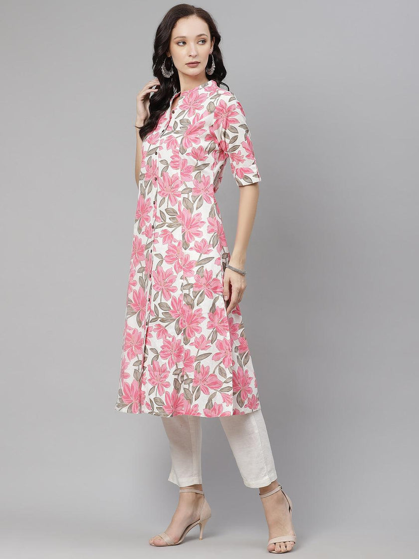 Divena White Floral Print Cotton Kurta - divena world