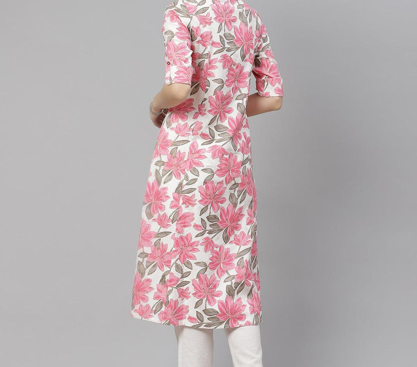 Divena White Floral Print Cotton Kurta - divena world