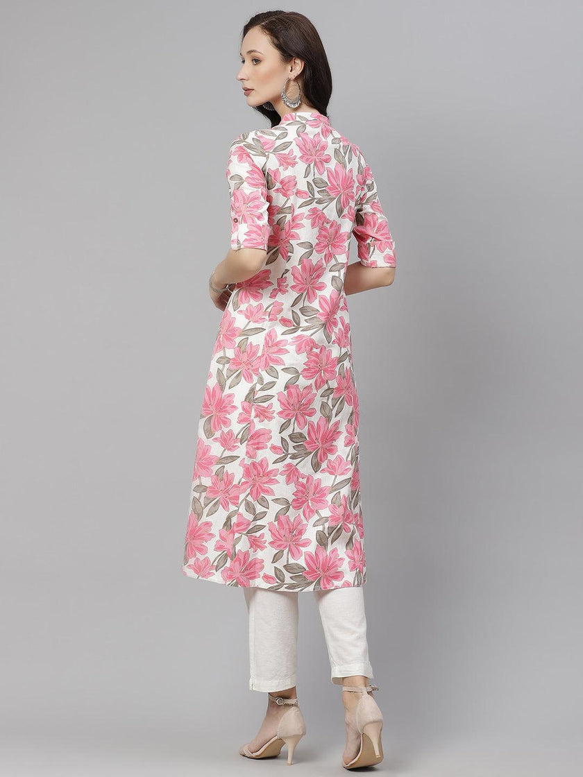 Divena White Floral Print Cotton Kurta - divena world