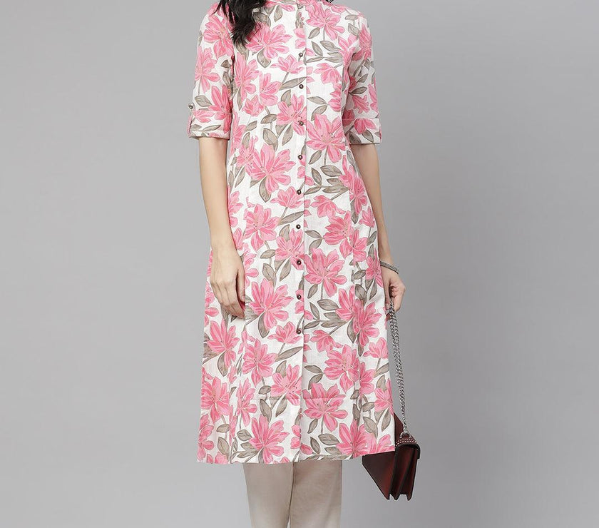 Divena White Floral Print Cotton Kurta - divena world