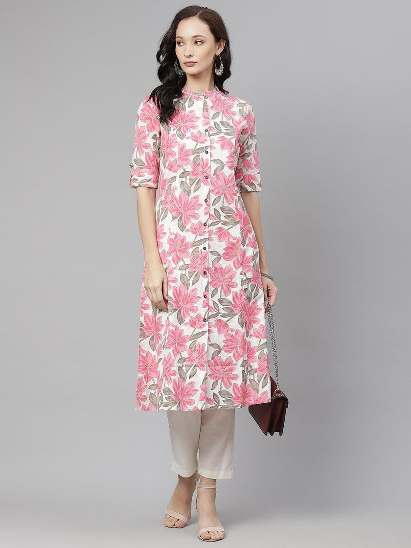 Divena White Floral Print Cotton Kurta - divena world