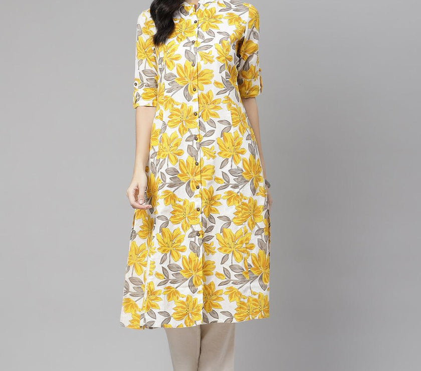 Divena Yellow Floral Print Pure Cotton A-line Kurta - divena world