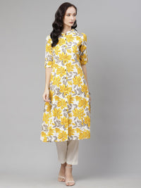 Divena Yellow Floral Print Pure Cotton A-line Kurta - divena world