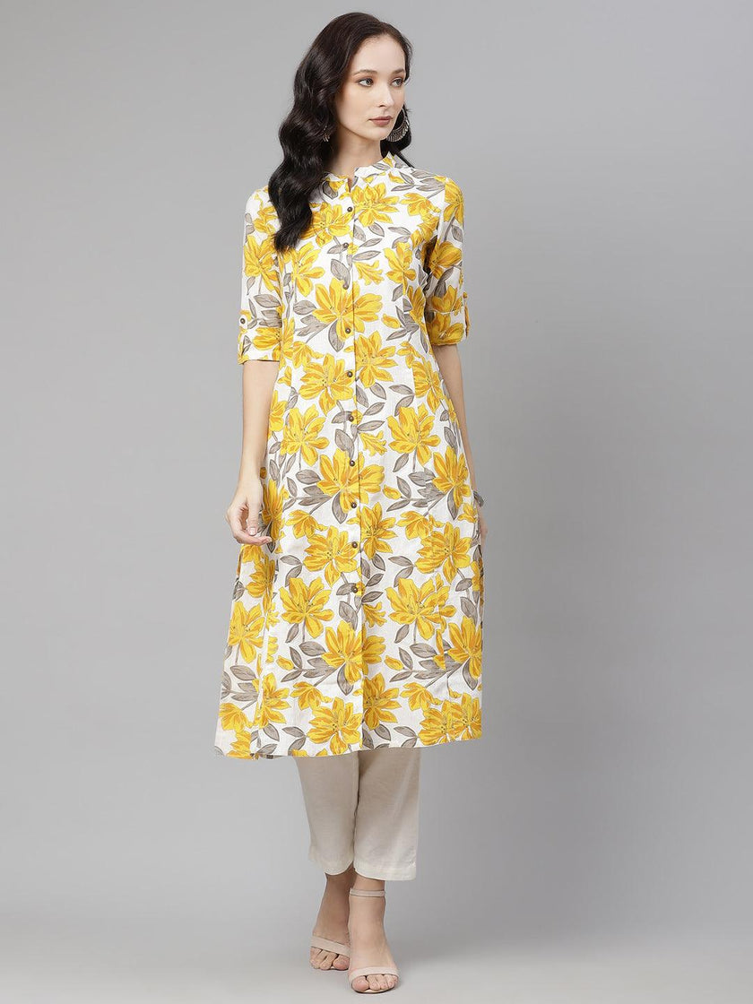 Divena Yellow Floral Print Pure Cotton A-line Kurta - divena world