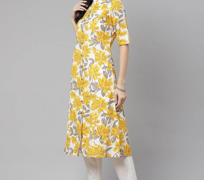 Divena Yellow Floral Print Pure Cotton A-line Kurta - divena world