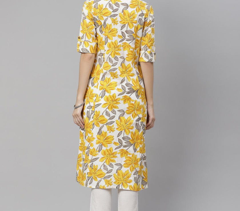 Divena Yellow Floral Print Pure Cotton A-line Kurta - divena world