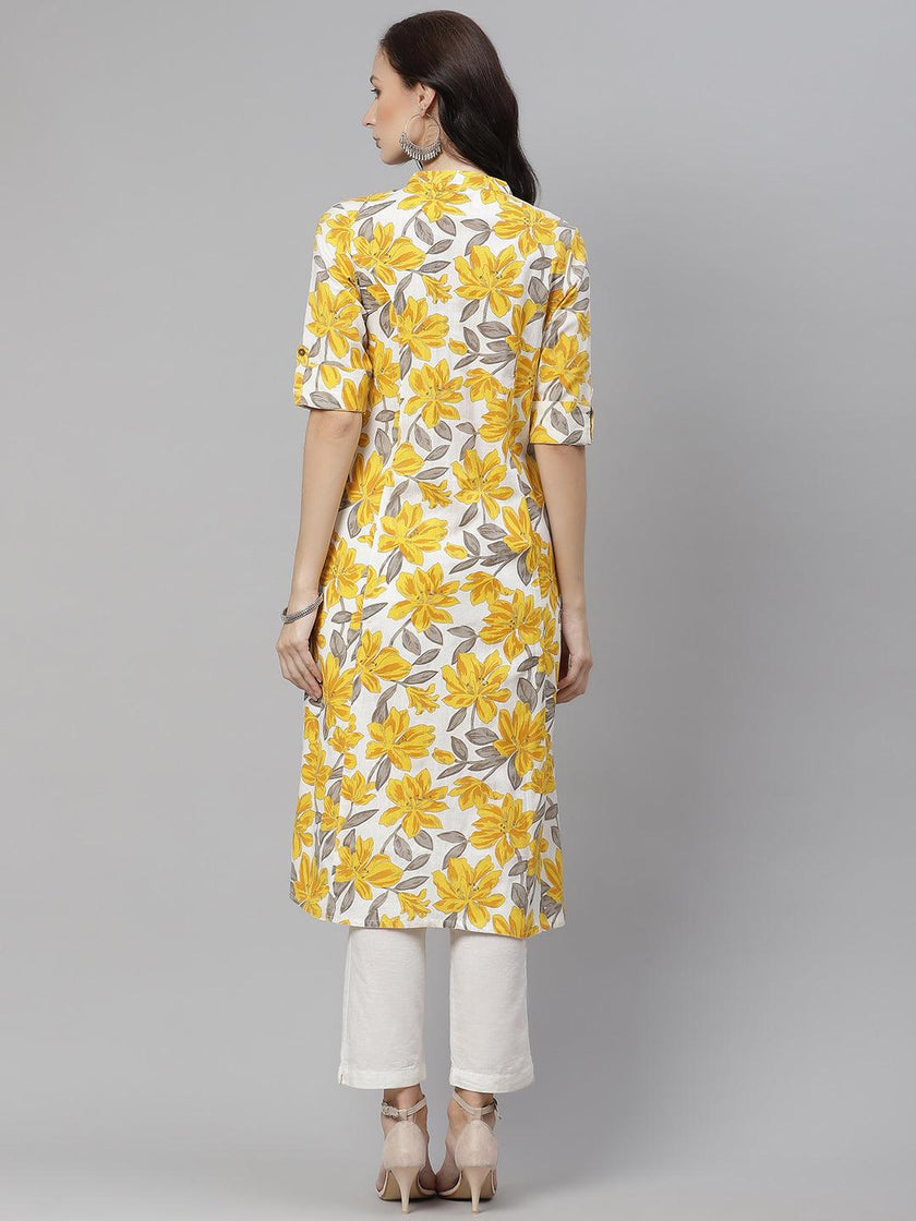 Divena Yellow Floral Print Pure Cotton A-line Kurta - divena world