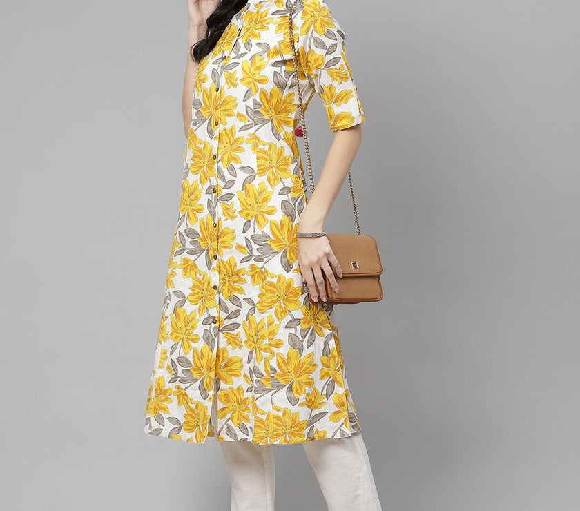 Divena Yellow Floral Print Pure Cotton A-line Kurta - divena world