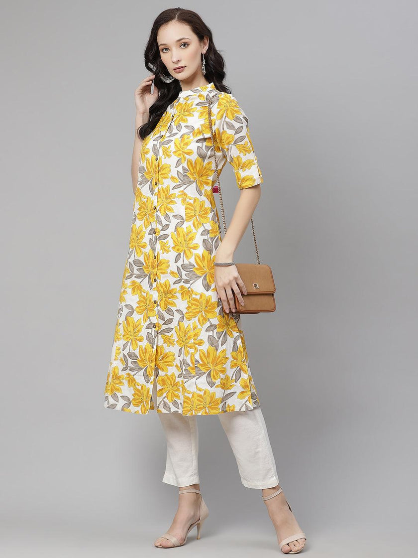 Divena Yellow Floral Print Pure Cotton A-line Kurta - divena world