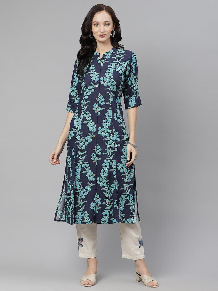 Divena Leaf Printed A-line Rayon Kurta - divena world