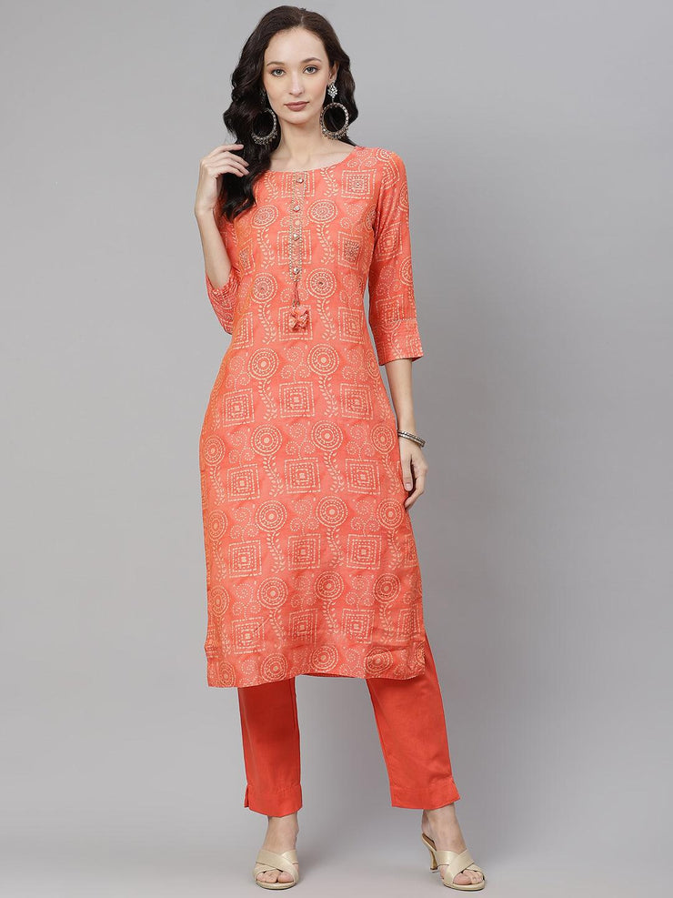 Divena Peach Muslin Kurta And Cotton Pant Set - divena world