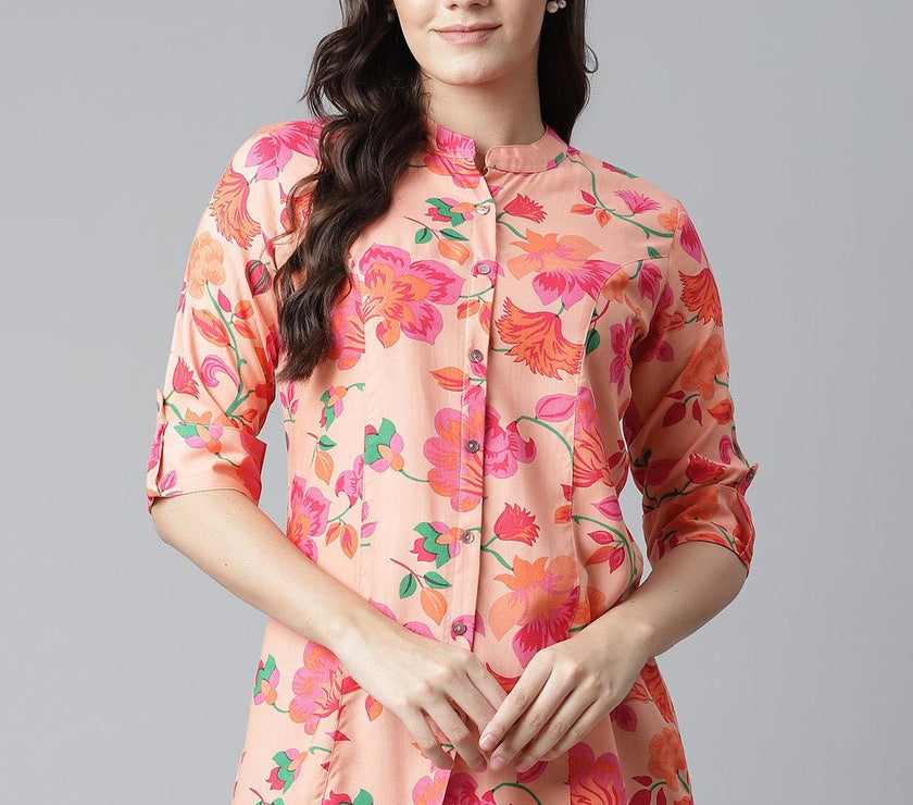 Divena Rayon Peach Floral Print Shirt Style A-Line Top - divena world