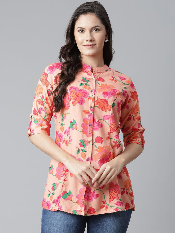 Divena Rayon Peach Floral Print Shirt Style A-Line Top - divena world