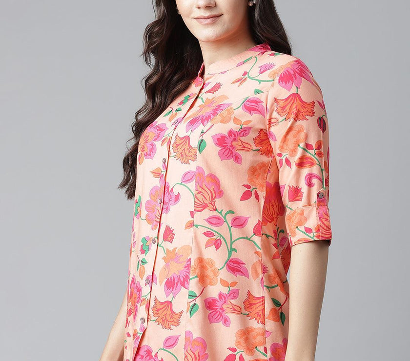 Divena Rayon Peach Floral Print Shirt Style A-Line Top - divena world