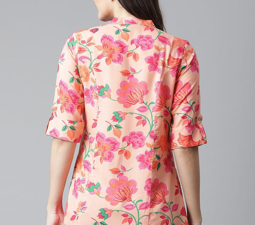 Divena Rayon Peach Floral Print Shirt Style A-Line Top - divena world